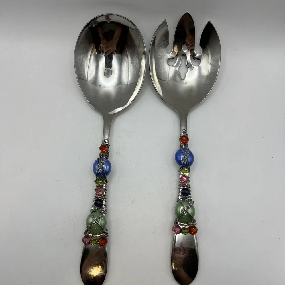 Vintage Gorham 18/10 Stainless Steel Wire Wrapped Beaded Salad Serving Set 2 pc